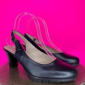 Wonders Black Leather Slingback Round Toe Low Heel Pumps US 8